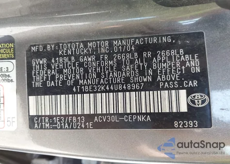 2004 Toyota Camry Le from USA, damaged, VIN 4T1BE32K44U848967